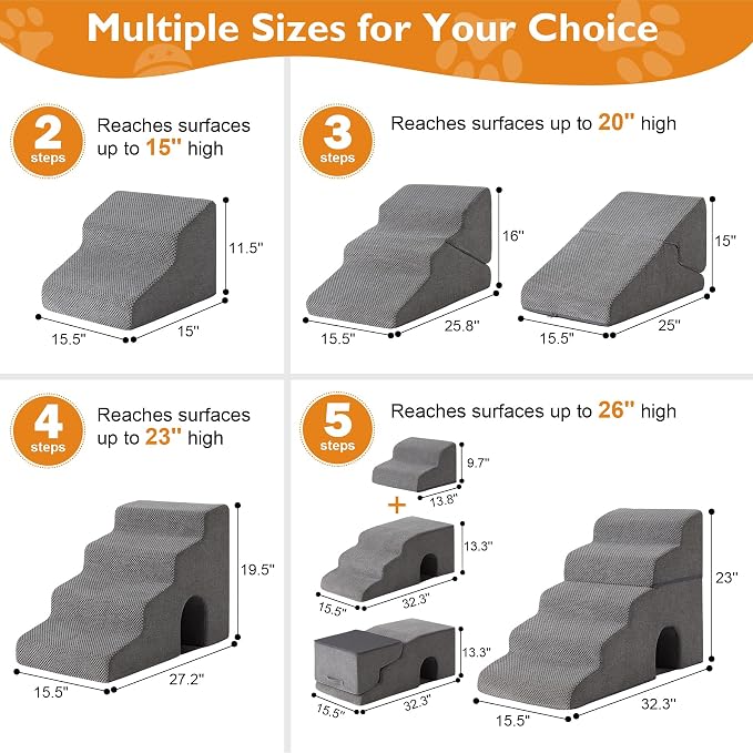 Dog Stairs for Small Dogs 11.5’’ H, 2-Step Dog Steps for Bed, Pet Stairs and Ramp for Dogs and Cats to Get on Beds, Couch, Non-Slip Balanced Pet Steps with Waterproof Cover, Grey