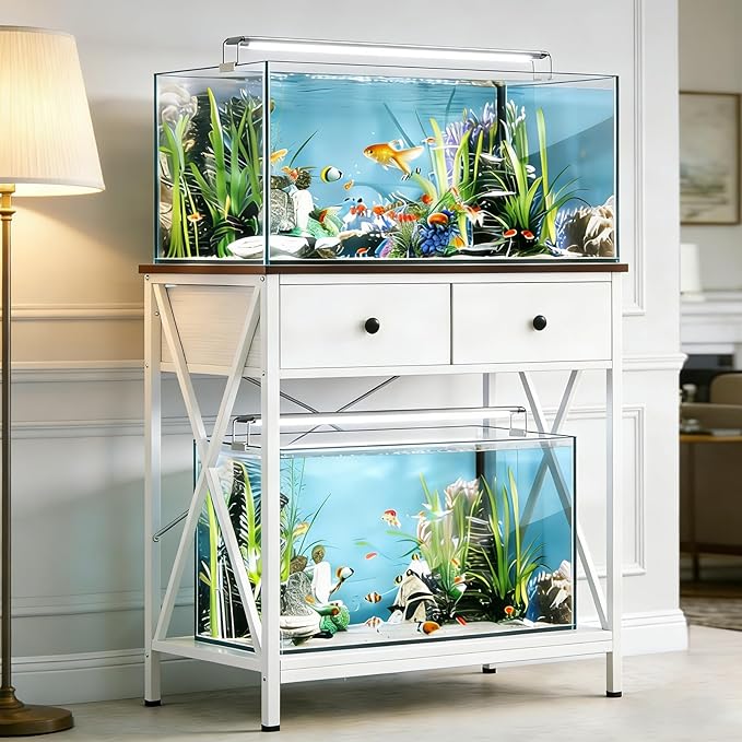 Fish Tank Stand with Drawer,20-29 Gallon Aquarium Stand Easy Assemble | Stable Metal Frame, 2-Tier Breeder Reptile Terrarium Stand Fits Office Home,30.7"x16.5" MDF Tabletop, 330lbs Capacity, White