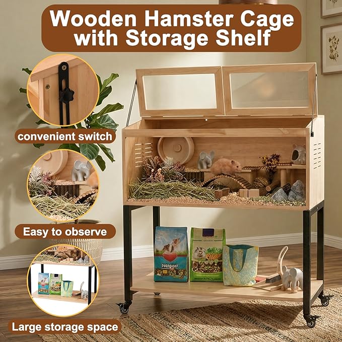 Wooden Hamster Cage with Storage Shelf, Large Hamster Cage, Pine, Guinea Pig Cages, 40.0" L x 20.0" W x 42.0" H Small Animal Cages with Stand & Wheels for Guinea Pig, Chinchilla, Rat, Bunny, etc.