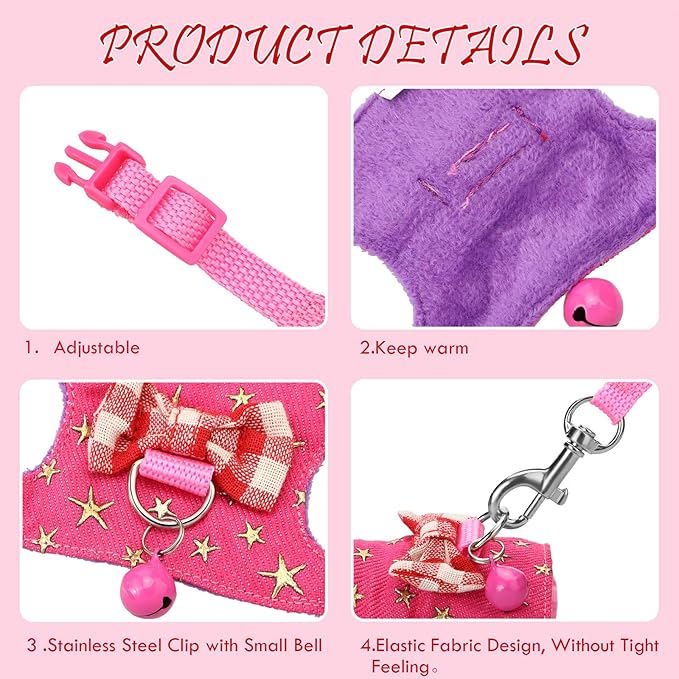 SATINIOR 2 Pieces Small Hamster Harness and Leash Set, Ferret Guinea Pig Clothes with Bowknot and Bell Decor, No Pulling Comfort Padded Vest Striped for Rats Bunny Rabbit Small Animals(M,Pink, Blue)