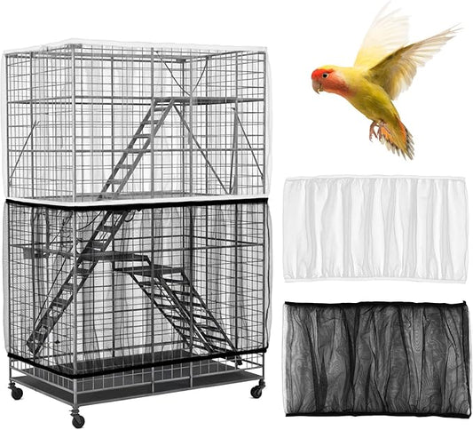 2Pcs Bird Cage Seed Catcher, Adjustable White Bird Cage Net Birdcage Cover Skirt Nylon Mesh Netting, Stretchy Birds Cages Guard for Parrot Parakeet Macaw African Any Cages Cover