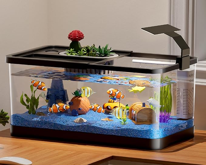 5.3 Gallon Fish Tank, 9 in 1 Betta Fish Tank, Aquarium with LED Full Spectrum 3 Color Light, 3 Modes Filter, Hydroponic Basket, Fishing Net, Shells, Aquatic Plant, Coral, Pebbles, Starter Kit (Black)