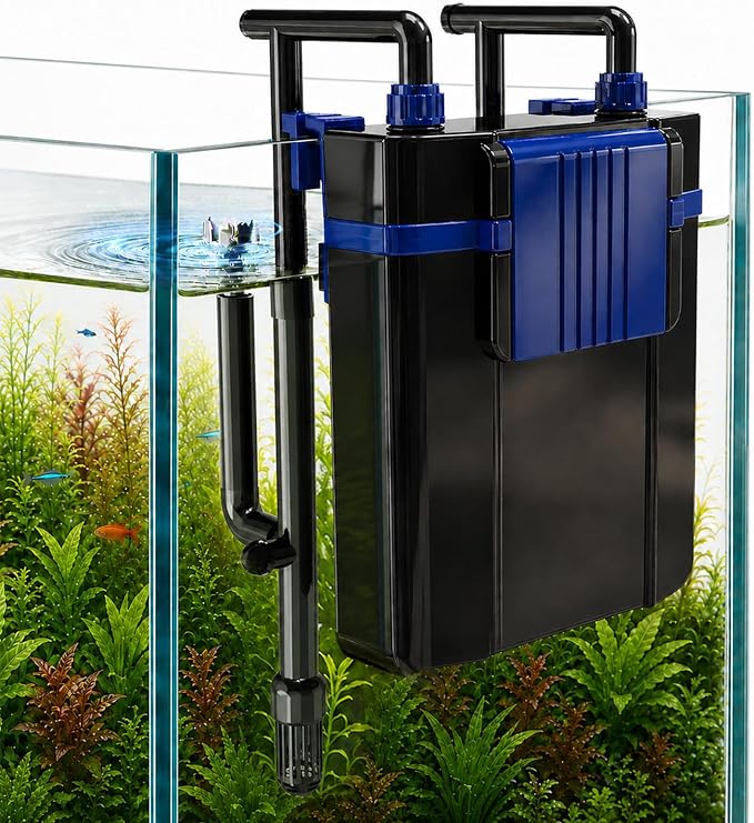 Three seconds Quiet Hang on Back Aquarium Filter 10-45 Gallon | 7W Fish Tank Filter, Oil Skimmer,4-Stage Filtration,Adjustable Flow,Duckbill/Bell-Mouth/Rain Pipe Outlet,132GPH