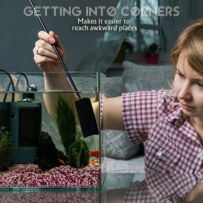Fish Aquarium Cleaner Kit for Small Nano Tank, 3 in 1 Aquarium Glass Tank Cleaning Kit with Detachable Rod, Algae Scraper, Triangle Flat Brush, Right Angle Brush, Replacement Blade