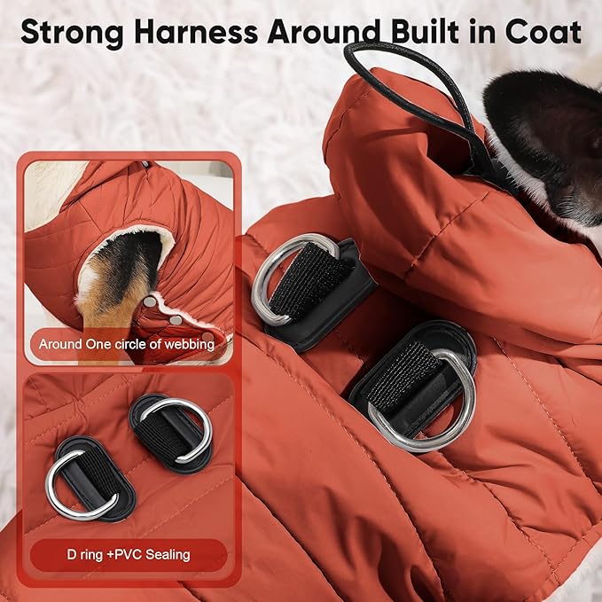 Vecomfy Fleece Lining Dog Hoodie with Harness Built in,Extra Warm Large Dog Jacket in Winter Doggie Coats with Drawstring Hooded,Orange XXL