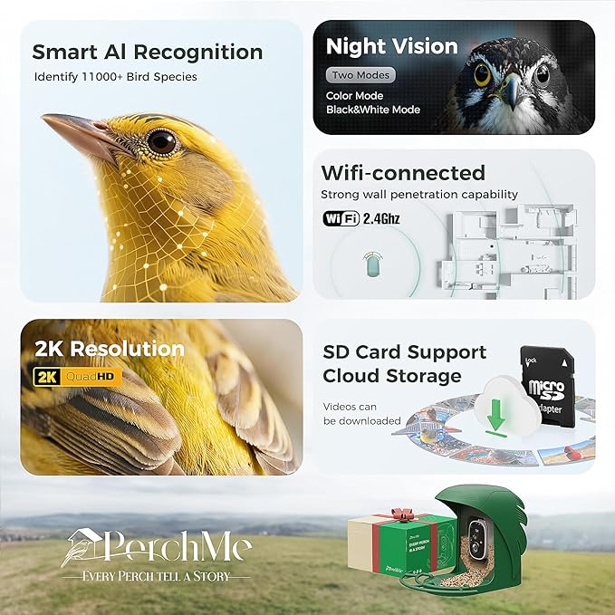 PerchMe® 2026 New AI Bird Feeder with Camera Solar Powered -2K HD Live View,Smart Bird House Camera Wireless Outdoor,DIY Add-ons,Pefect Birding Gift for Parents & Families