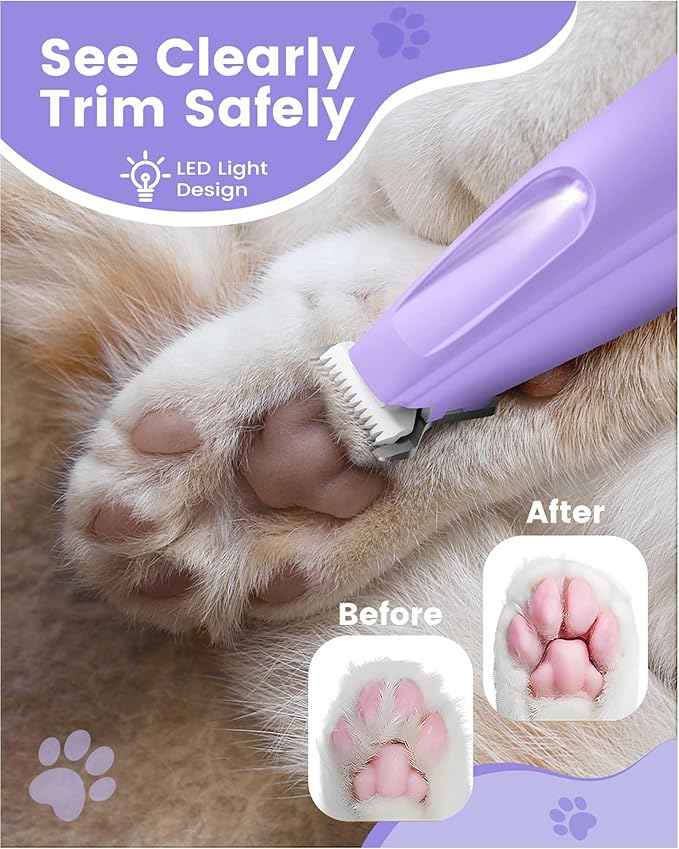 PAPMINI Dog Paw Trimmer with LED Light, 35dB Low Noise Paw Trimmers for Dog's Feet, 2 Speed Safety Electric Dog Clippers for Grooming, Rechargeable Cat Shaver for Paws, Ears, Face, Rump (Purple)