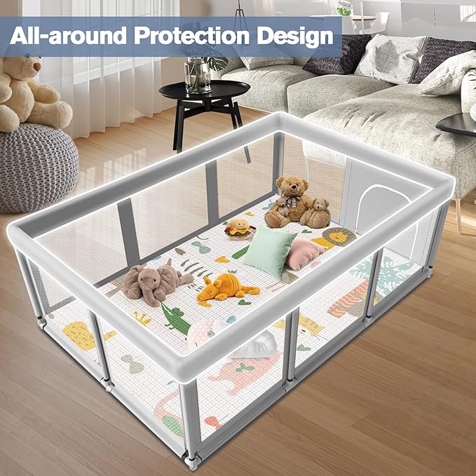 Baby Playpen with Mat 74" ×50", Large Play Yards Indoor & Outdoor, Sturdy Safety Baby Play Pen with Soft Breathable Mesh, Toddlers Play Pen with Anti-Slip Base, Waterproof Mat Included