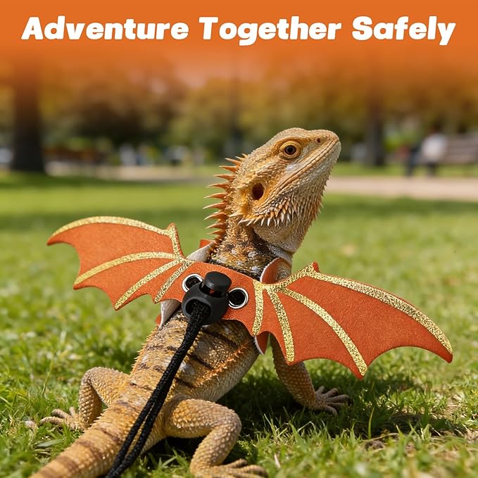 Dinosaur Wing Leash Harness for Bearded Dragons - 3-Size Adjustable Reptile Harness Set, Safe Escape-Proof Design for Lizards, Geckos, Iguanas & Small Pets (Orange)