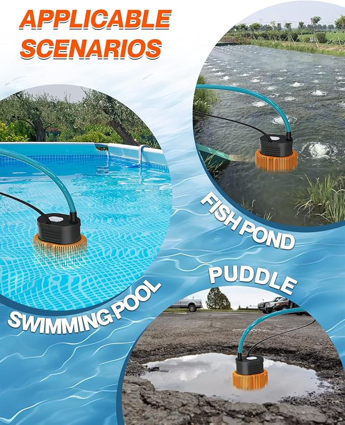 Pool Cover Pump above Ground - Submersible Water Sump Pump Swimming Water Removal Pumps, with Drainage Hose & 25 Feet Extra Long Power Cord, 850 GPH inGround, 3 Adapters