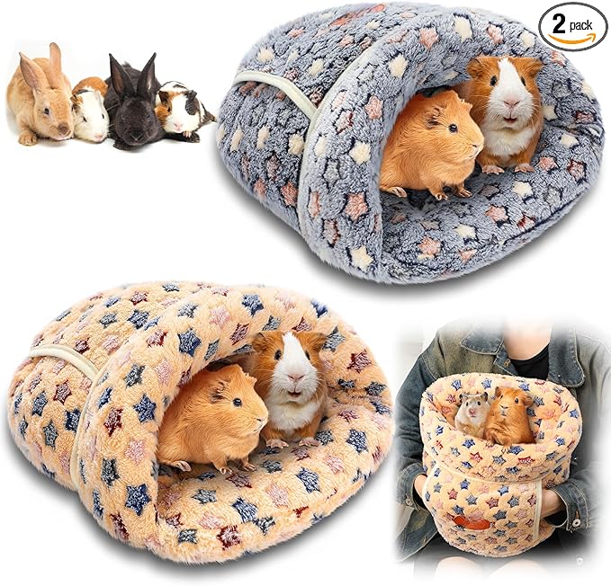 Wenqik 2 Pcs Guinea Pig Hideouts Guinea Pig Bed Washable Bunny Bedding Cuddle Warm Small Pet Sack Supplies Portable Pet Carrier Cage Nest Accessories for Cage(Blue, Khaki,Star)