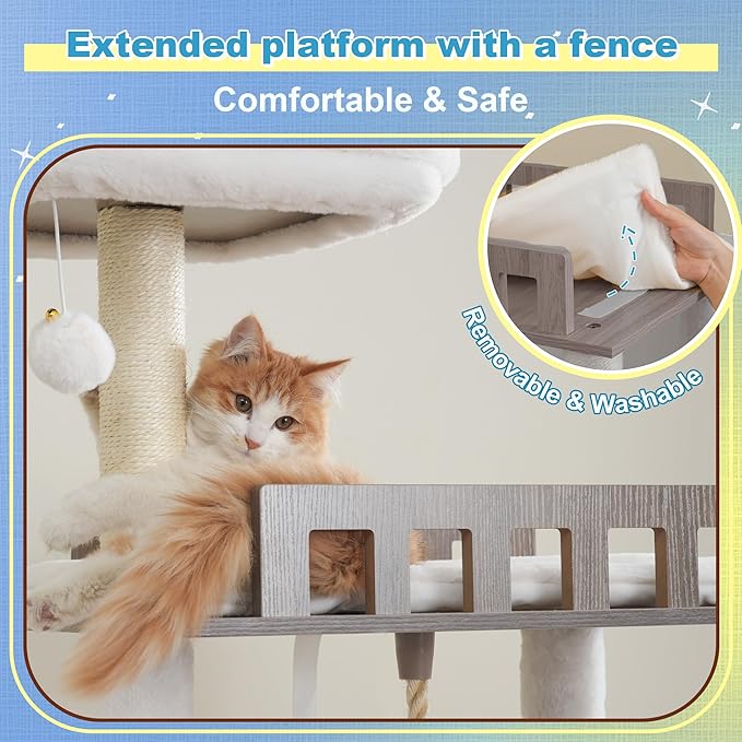 Hey-brother Wooden Cat Tree, 69.7 inch Cats Furniture Tower with Large Platforms, Hammocks, Spacious Condo, Full Sisal Scratching Posts, Ladder, Brush, Water Proof Surface, Rustic Gray MPJ121SG