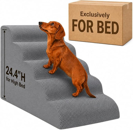 Dog Ramp for Bed,Pet Ramp for High Bed,Dog Stairs for Small & Medium Dogs,Curved Non-Slip Ladder for Older Dogs & Cats,24.4" H,5-Step (Gray)