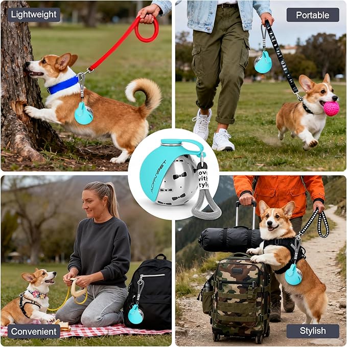 Portable Dog Water Bottle 10oz Stainless Steel Travel Dog Water Dispenser with Bowl No-Spill Puppy Water Bottle for Walking Hiking Small Dog Water Bottle (Blue Bow Print)