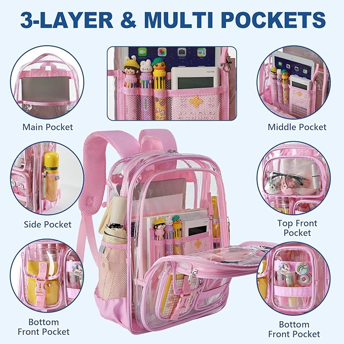 Pink Clear Backpack for School,Heavy Duty PVC Transparent Bookbag for Stadium Events Sports, Girls See Through BackPack Fits 15.6 inch Laptop for Women Work Travel