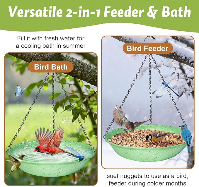 Hanging Bird Bath for Outdoors,11Inch Double Patchwork Birdbath Bowl Window Birds Feeder with 13.5 in Rust-Proof Black Chains Metal Hanging Birds Feeder for Garden Backyard Decor Green Speckled