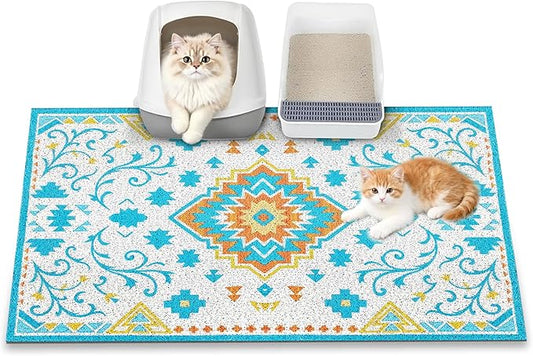 Cat Litter Mat, 35" x 23" Litter Box mat, Traps 100% Litter, Non-Slip Kitty Litter Trapping mats, Large Cute Litter mat, Easy Clean for Scatter Control, Bohe cat Food mat, Urine Waterproof