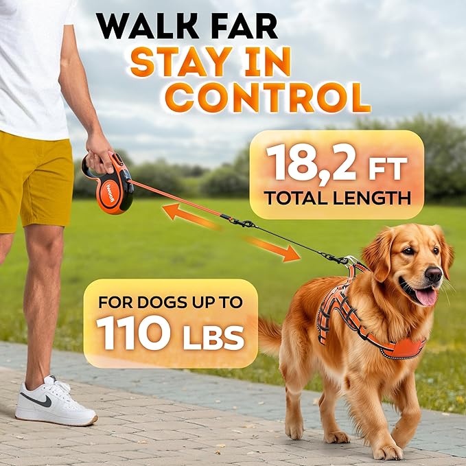Retractable Dog Leash 18.2 ft – Chew Proof Cable Included – 360° Tangle-Free Design – Heavy Duty Reflective Leash – Soft Anti-Slip Grip Outdoor Daily for Small Medium Large Dogs up to 110 lbs (Orange)