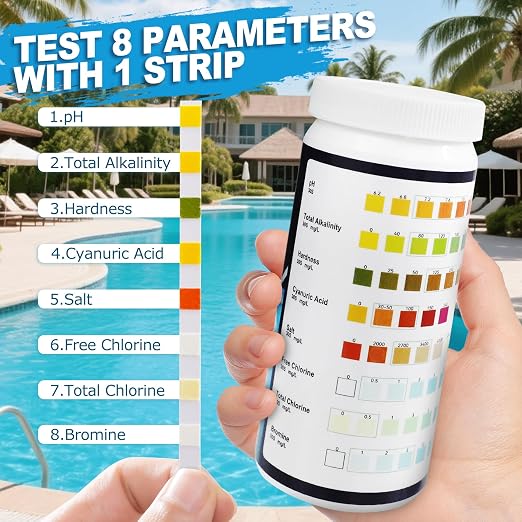 Pooloob 8-in-1 Pool and Spa Test Strips, 100 Count Water Testing Kit for Saltwater & Chlorine Pools - Tests pH, Salt, Free Chlorine, Bromine, Alkalinity, Hardness, Cyanuric Acid & Total Chlorine