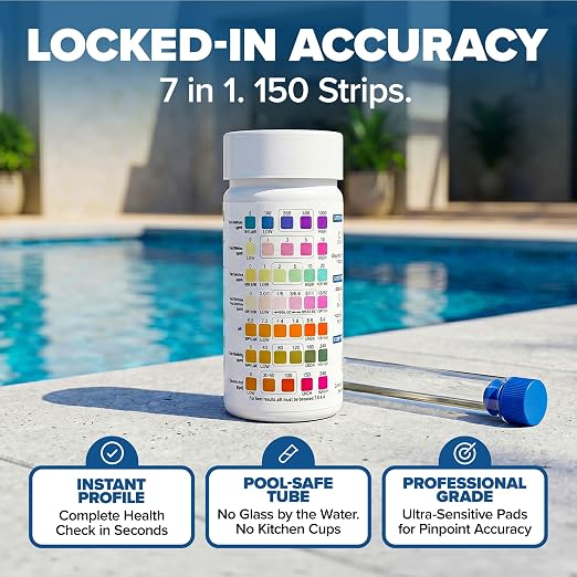 150 Pool Test Strips for Inground Pool // 7-in-1 Pool Water Test Strips | Full Pool Chemical Test Kit: Chlorine, pH Strips & 5 More // Pool Strips Ideal for Above Ground Pool, Hot Tub & Spa