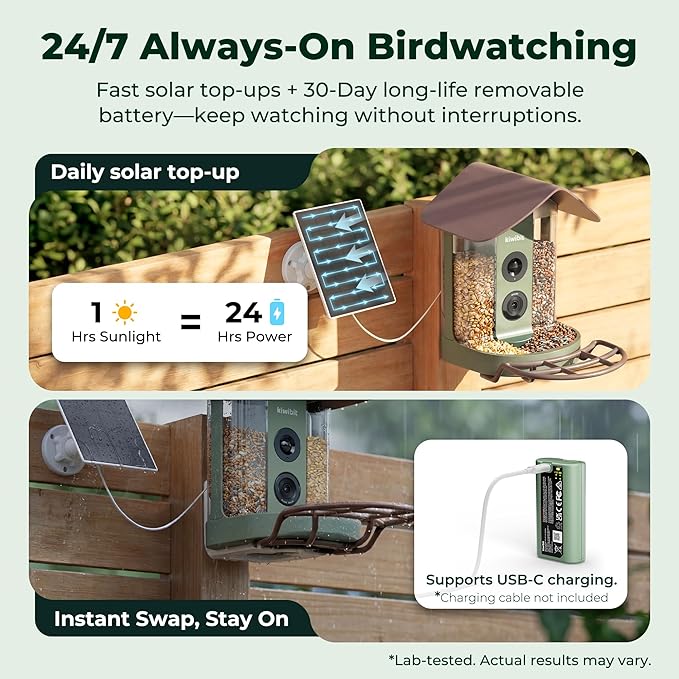 Kiwibit Smart Bird Feeder 4K AI Camera with Solar Panel, No Subscription, Lifetime AI Feature Included, 4K Video Live Stream, 8MP Photos Auto Capture, Bird Species Identification, Bird Notification