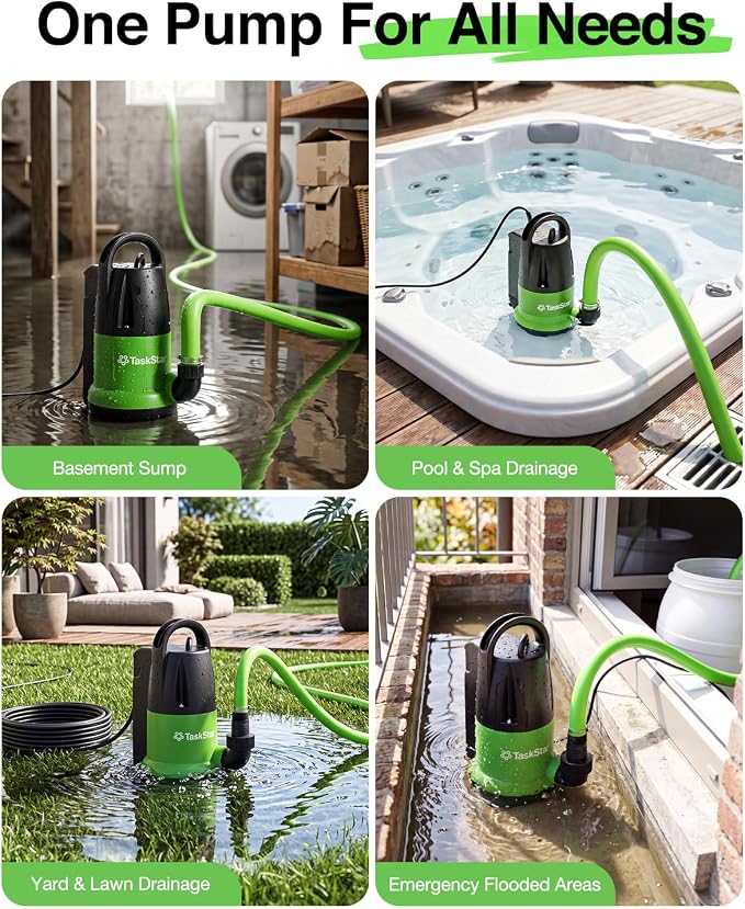 Taskstar 1 HP 4000GPH Automatic Submersible Water Pump for Pool Draining | Built-in Float Switch, Auto/Manual Modes, 25FT Cord Sump Pump for Swimming Pool, Flooded Basement, Hot Tub, Garden Pond