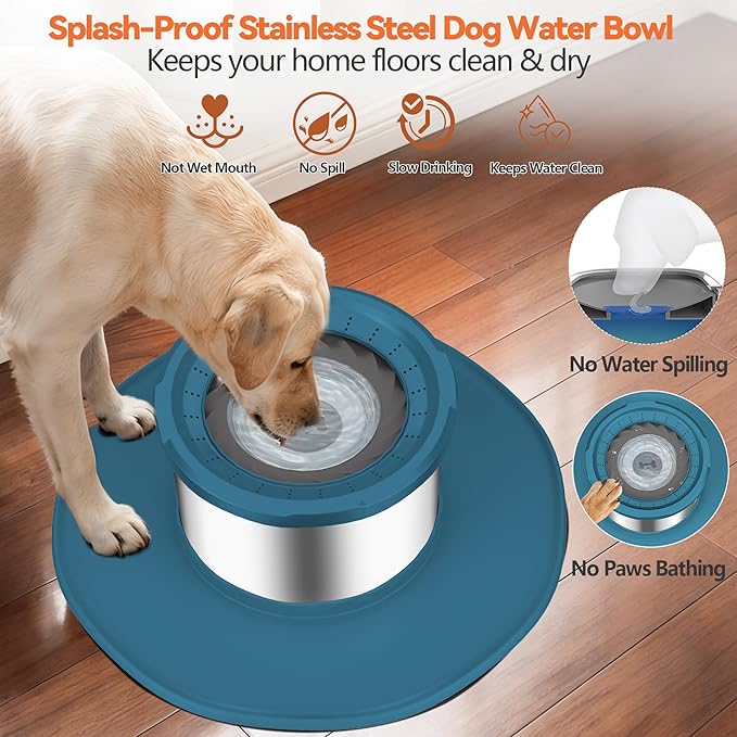 Decflow 12L No Spill Dog Water Bowl for Large Dogs, Stainless Steel Spill Proof Bowls with Suction Cup Anti-Skid Mat, Slow Feeder for Messy Drinkers, Heavy Duty Pet Bowls for Indoor/Outdoor Blue