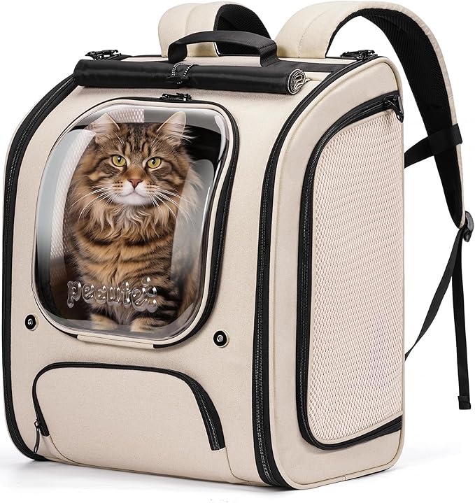 Pecute Cat Backpack Carrier XL, Large Space Cat Bubble Backpack, Breathable Cat Carrier, Shaded Dog Backpack Carrier, Ergonomic 3D Design for Travel, Hiking, Suitable for Shopping, and Vet, Khaki