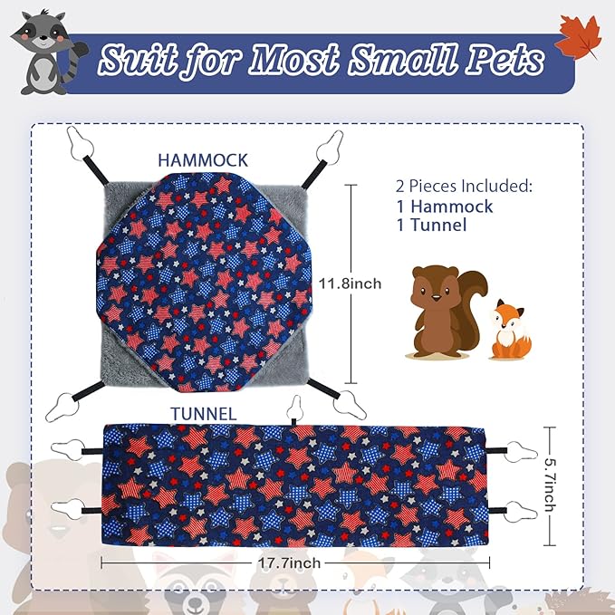 petonfun Ferret Rat Hammock Set Guinea Pig Hideout Bed,Soft Hamster Toys Hanging Tunnels and Tubes,Plush Small Animal Pet Chinchilla for Cage Accessories Hide,Play and Sleep,2 Pack,Blue Star