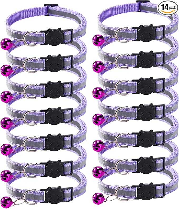 14 Pack Breakaway Cat Collar with Bell, Reflective Kitten Collar for Girl Boy Cats, Safety Buckle Adjustable 7.5-12.5 Inch, 0.4 Inch Width Lightweight, Pet Gifts (Purple)