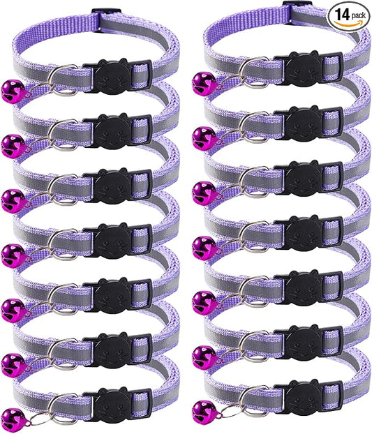 14 Pack Breakaway Cat Collar with Bell, Reflective Kitten Collar for Girl Boy Cats, Safety Buckle Adjustable 7.5-12.5 Inch, 0.4 Inch Width Lightweight, Pet Gifts (Purple)
