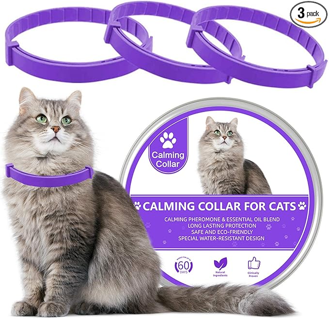 Wustentre 3 Pack Adjustable Anxiety Collar - Cat Calming Pheromones for Cats & Kittens, Stress Reliever - Relaxing Comfortable Collar (Violet)