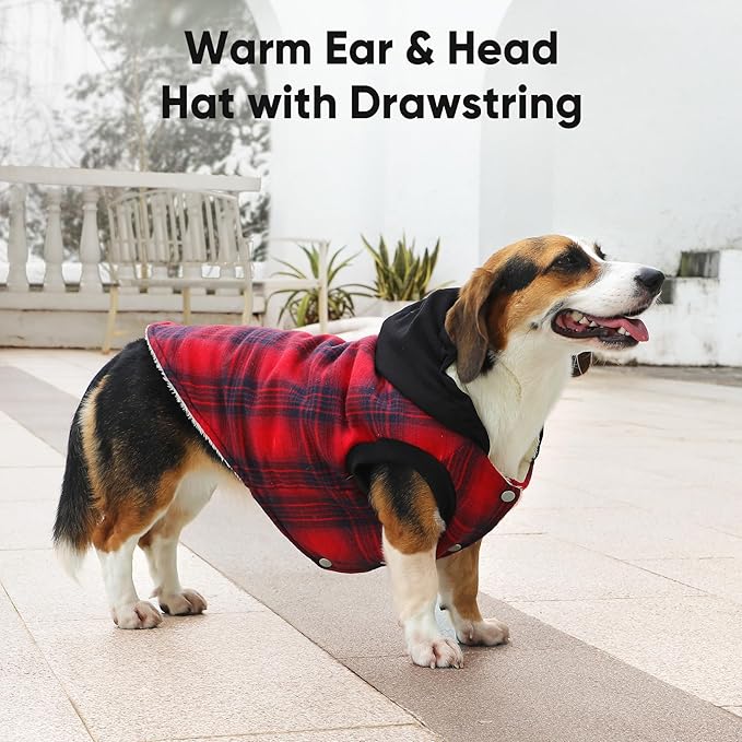 Vecomfy Fleece Lining Dog Hoodie for Medium Dogs Extra Warm Plaid Sweater with Drawstring Hooded Coats in Winter Puppy Jacket,Red L