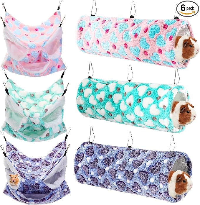 Sweetude 6 Pcs Rat Hammock Set Ferret Hanging Tunnel 3 Tier Guinea Pig Hammocks Hideout Soft Chinchilla Bed for Cage Accessories Hide,Play and Sleep(Lovely,Heart)