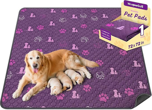 WanpeeGoo Washable Pee Pads for Dogs, 1 Pack Absorbent Reusable Training Dog Pads Pet Puppy Pads, Non-Slip Potty Pads for Whelping, Playpen, Crate, Bed, Purple, 72"x72"