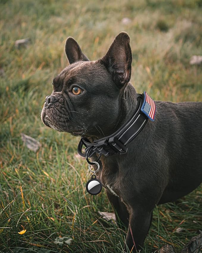 AUBELL Reflective Tactical Dog Collar,Adjustable Military Heavy Duty K9 Collars with Handle and Quick Release Metal Buckle Great for Medium Dogs, with Airtag Case and 2 Patches (Black,M)