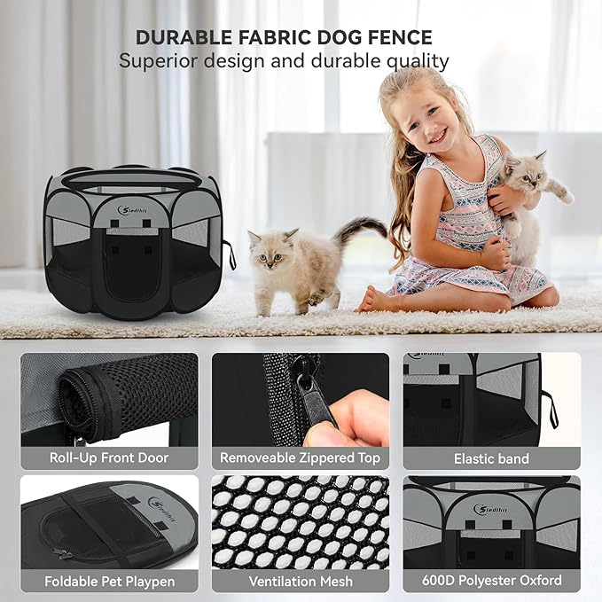Siedihit Dark Grey Dog Cat Playpen, Puppy Pet Playpen, Small Dogs Tent Crates Cage Indoor/Outdoor, Portable Pop Up Dog Kennel Playpen with Carrying Case for Dogs/Cats/Rabbits