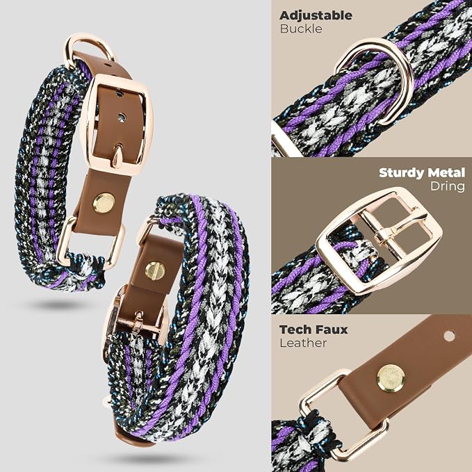 Tirevt Hand-Woven Dog Collar and Leash Set:Color-Block Design, Premium Reinforced Buckle, Adjustable Artisan Paracord for Puppies, Small, Medium & Large Dogs (Purple, XS)