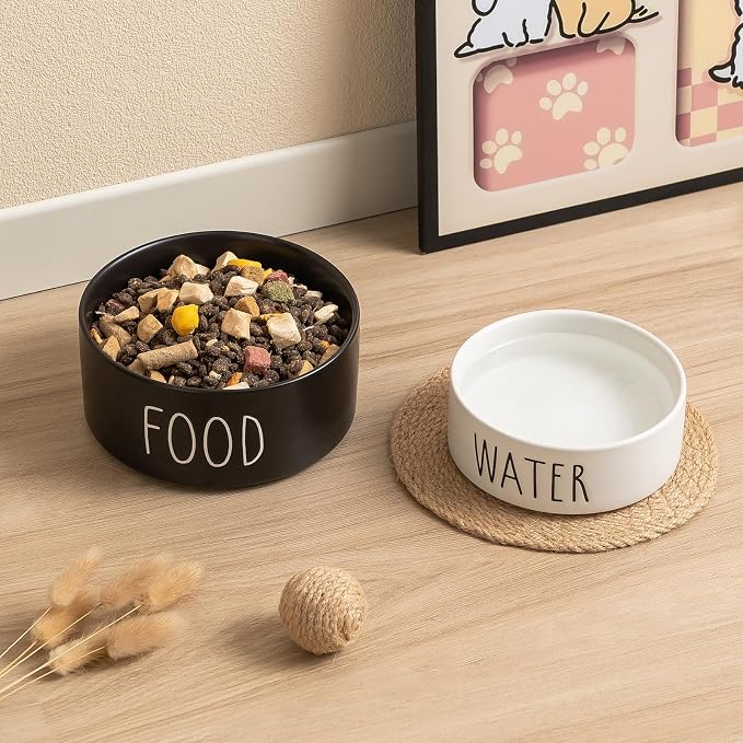 Ceramic Dog Bowls Set of 2 - Weighted Dog Dishes with Food & Water Lettering for Cats and Small Dogs, Food Grade Pet Bowl, Dishwasher & Microwave Safe (5.1 inch, 2 * 16oz, White)