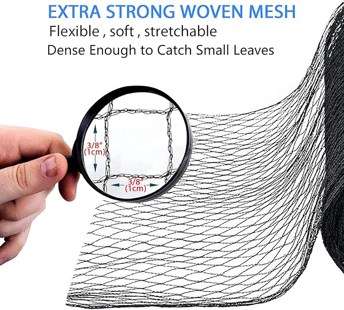 Koi Pond Netting Kit 40 x 40 FT, 3/8" Heavy Duty Woven Mesh Pond Net Cover for Leaves with 12 Stakes, HDPE Pool Netting Protecting Fish from Herons Birds Cats, Black
