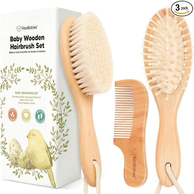 Baby Hair Brush Set for Newborns - Soft Goat Bristle Wooden Baby Brush and Comb Set Newborn Grooming Kit for Cradle Cap, Durable & Gentle, Boy, Girl Infant Essentials Care Kit (Regular, Walnut)