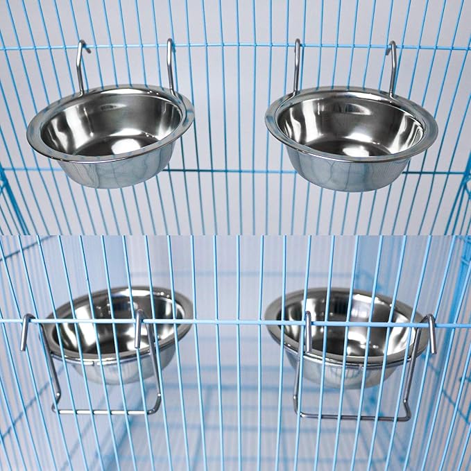 2PCS Bird Feeder Birds Bowls Bird Feeder Dish Cup Stainless Steel Dishes Coop Cups with Wire Hook Stainless Steel Parrot Food Bowl Feeding Coop Cups for Parakeet Lovebird