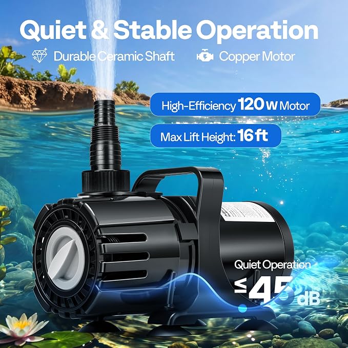 VIVOHOME 120W Pond Pump, 800-2100GPH Adjustable Flow Submersible Water Pump | Stepless Flow Control, 16ft Max Lift, 180° Seamless Adjustable Nozzle, Barrier Pump Bag, 20ft Power Cord