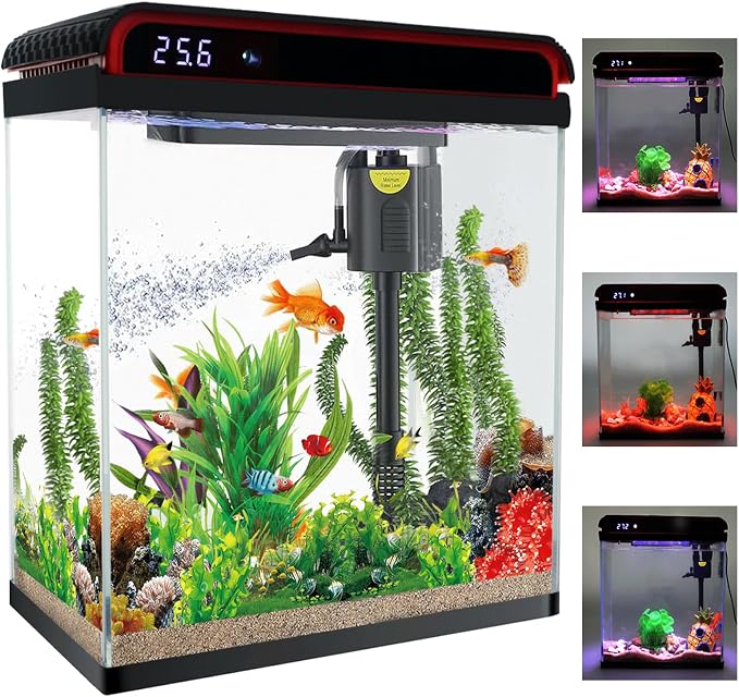 10 Gallon Fish Tank, Betta Fish Tank Glass Small Aquarium Starter Kits Self Cleaning with 3 Types of LED Lights and Filter Water Pump, Ultra Quiet Decoration Kids Room Gift
