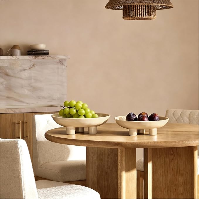 Three-Leg Ceramic Fruit Bowl, 10 Inch Oval Serving Dish for Kitchen Counter, Candy or Key Holder, Home Decor Accent Beige