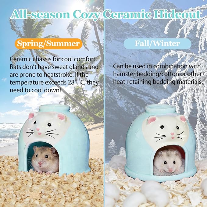 Ceramic Hamster Hideout Syrian Hamster House and Habitat Gerbil Hideaway Cooling Cave for Rat Mice Cage Decor Accessories (Blue)