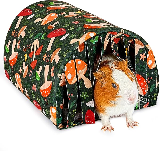 Glittme Guinea Pig Hideout with Curtain and Tunnel - Soft Bed with Cushion - Suitable for Guinea Pig, Hamster, Chinchilla, Bunny - Mushroom
