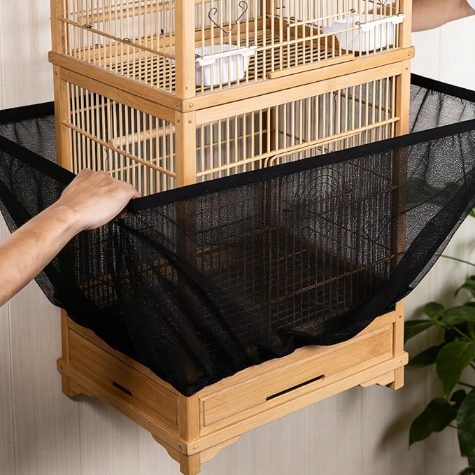 Bird Cage Seed Catcher Guard, Adjustable Stretchy Net Cover for Parrot Enclosures, Bird Cage Skirt Netting, Seed Catcher for Protective Shield for Parrot Enclosures (Black)
