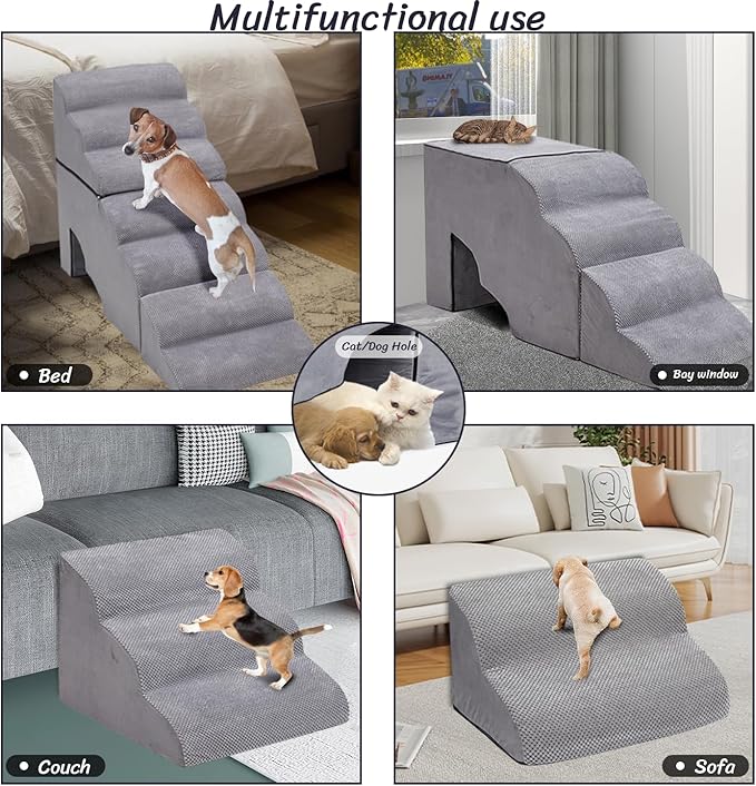 Dog Stair for High Beds 32 inches Tall, 33D Foam Dog Ramp for Bed 32 inches, 7-Step Pet Stair Steps for Small Large Dogs for Bedsides Climbing, Non-Slip Doggie Steps for Older Dogs/Cats, Grey