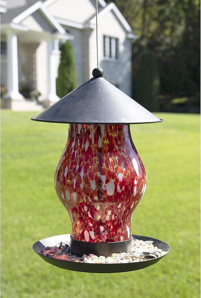 CLEVER GARDEN Glass Bird Feeder, Hanging Outdoor Decoration for Wild Birds, Red Cylinder